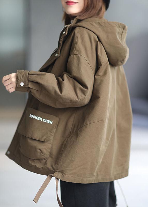Khaki Hooded Zippered Winter Cotton Long Sleeve Coat Qs040