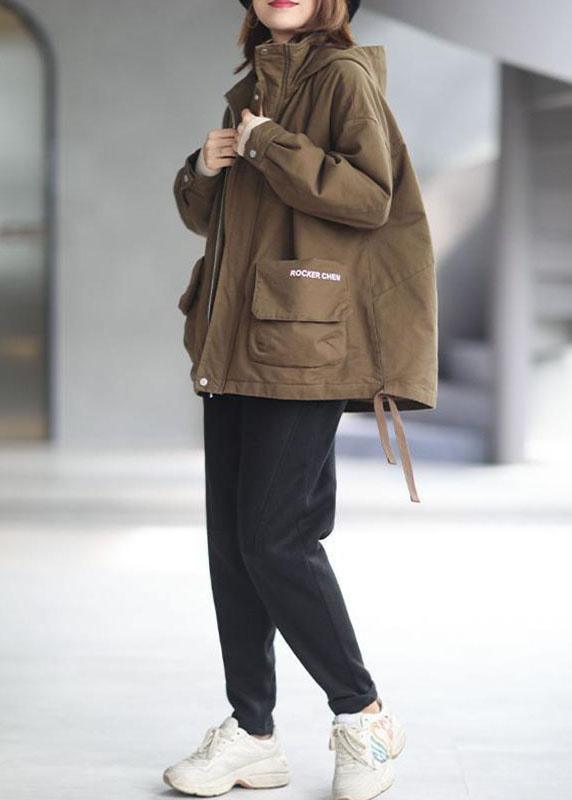 Khaki Hooded Zippered Winter Cotton Long Sleeve Coat Qs040