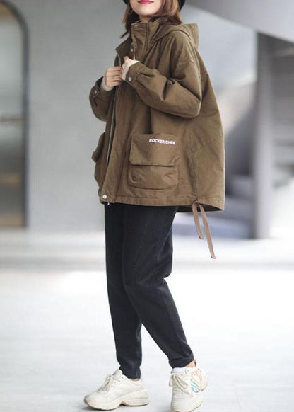 Khaki Hooded Zippered Winter Cotton Long Sleeve Coat Qs040