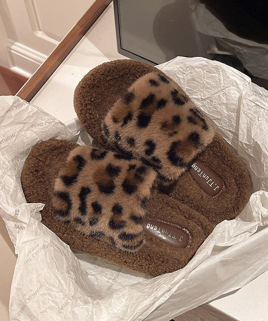 Khaki Leopard Faux Fur Slippers Shoes Splicing Platform Te025