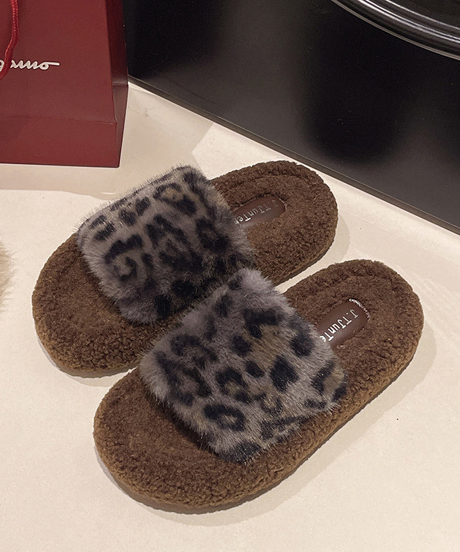 Khaki Leopard Faux Fur Slippers Shoes Splicing Platform Te025
