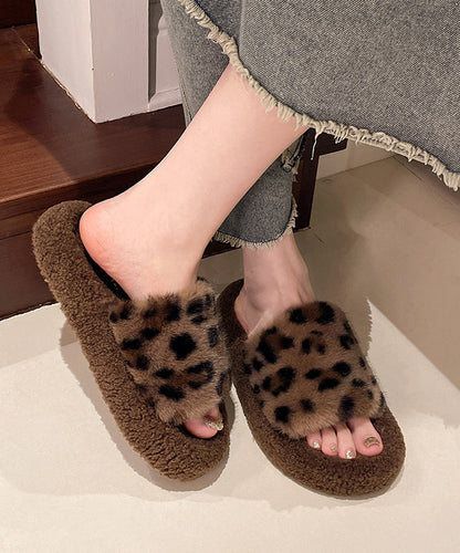 Khaki Leopard Faux Fur Slippers Shoes Splicing Platform Te025