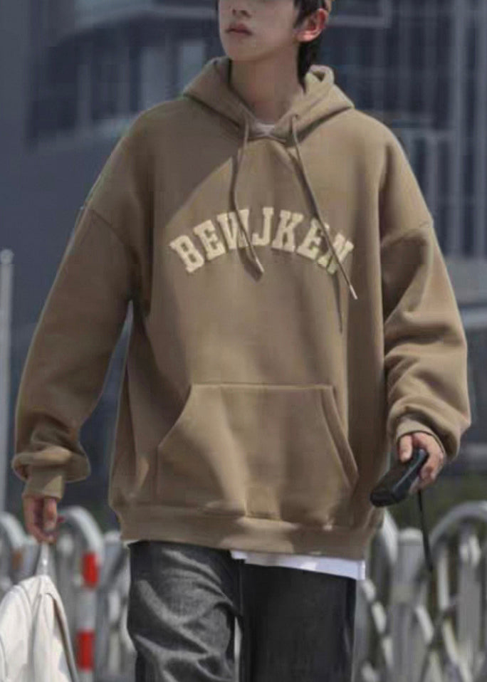 Khaki Letter Pockets Cotton Sweatshirts Hooded Spring Yq032