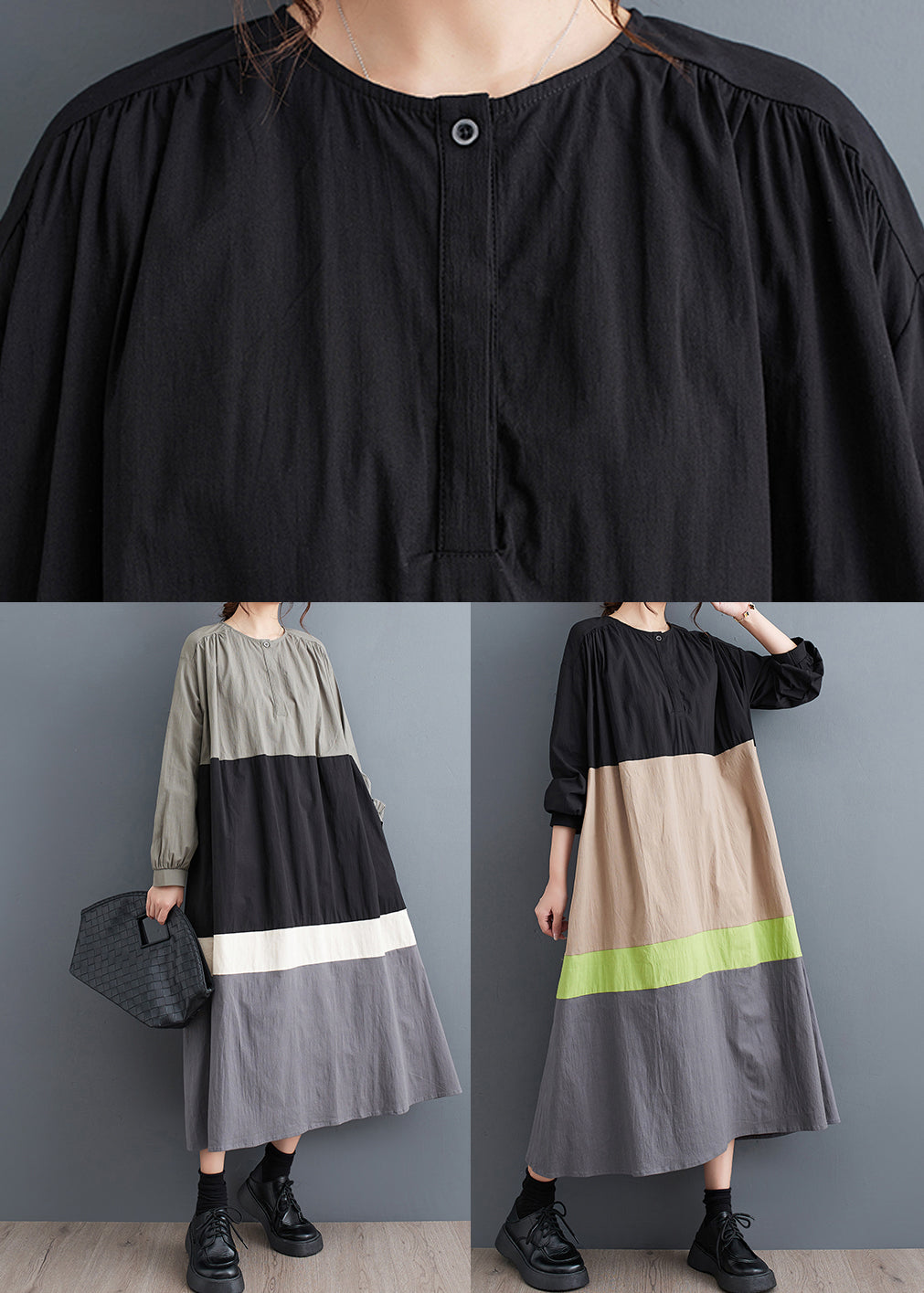 Khaki Loose Patchwork Cotton Long Dresses O Neck Fall Qa045
