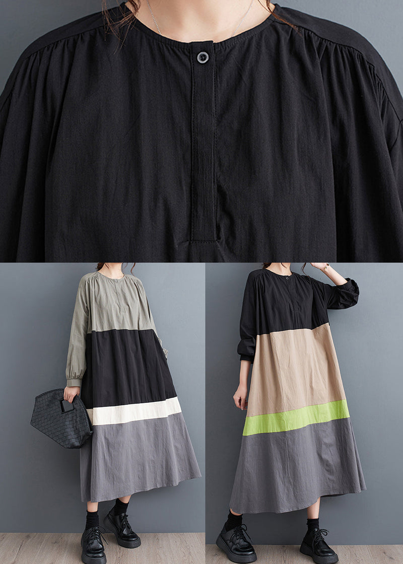 Black O Neck Patchwork Cotton Long Dress Fall Qa056
