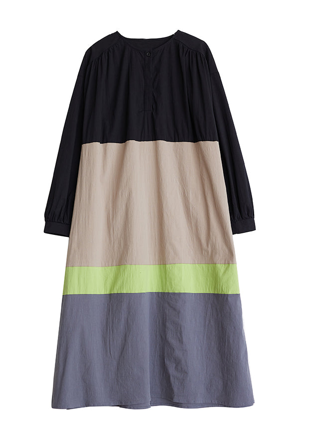 Khaki Loose Patchwork Cotton Long Dresses O Neck Fall Qa045