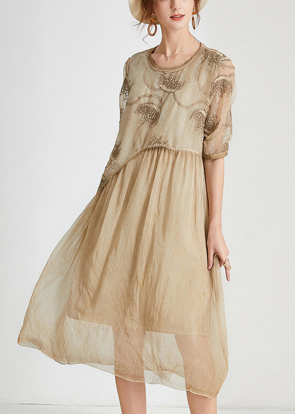 Khaki Patchwork Chiffon Long Dresses O Neck Short Sleeve Ab1027