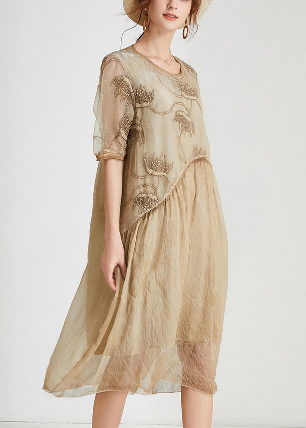 Khaki Patchwork Chiffon Long Dresses O Neck Short Sleeve Ab1027