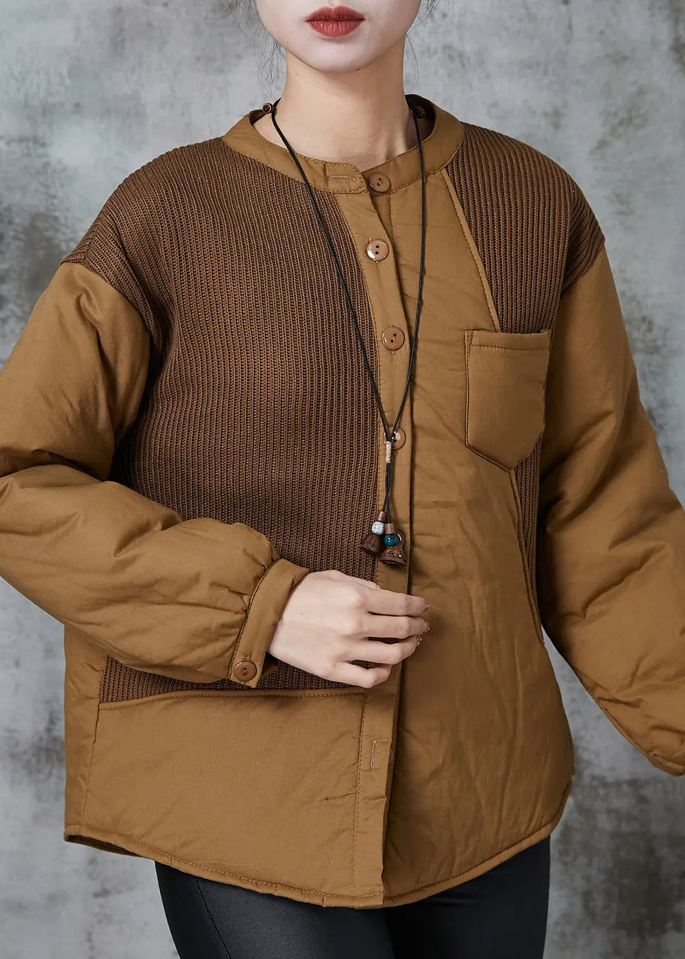 Khaki Patchwork Thick Fine Cotton Filled Witner Coats Jk1023