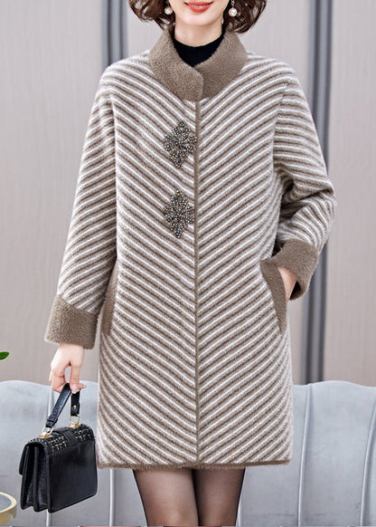 Khaki Pockets Button Mink Velvet Coats Spring Ta017