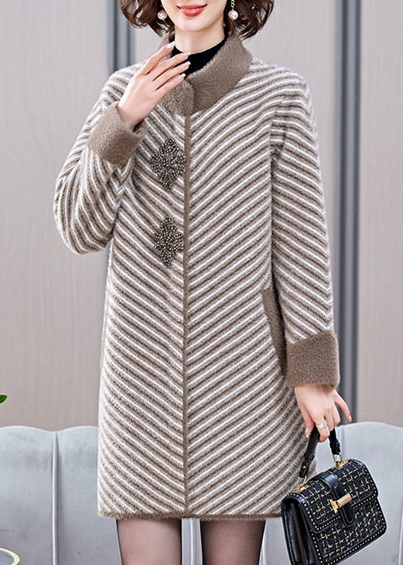 Khaki Pockets Button Mink Velvet Coats Spring Ta017