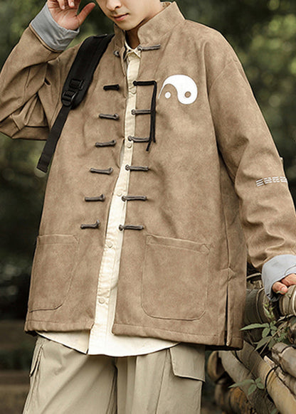 Khaki Pockets Faux Leather Coats Stand Collar Winter Ro034