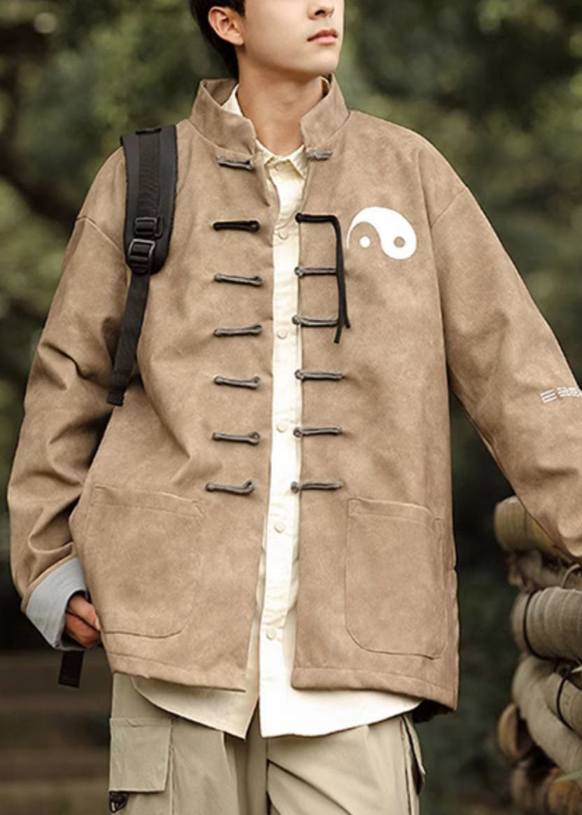 Khaki Pockets Faux Leather Coats Stand Collar Winter Ro034