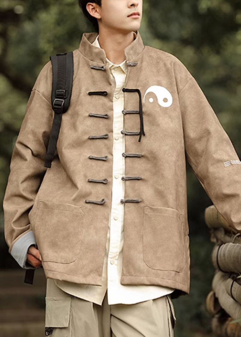 Khaki Pockets Faux Leather Coats Stand Collar Winter Ro034