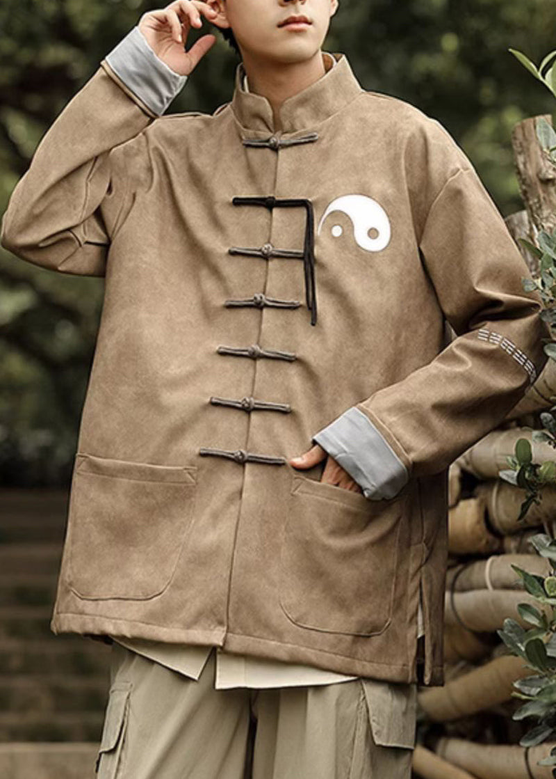Khaki Pockets Faux Leather Coats Stand Collar Winter Ro034