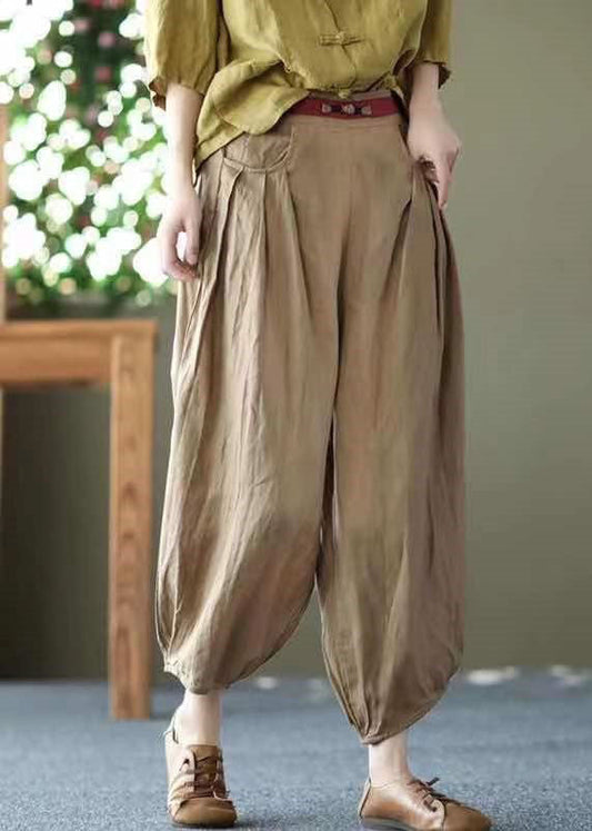 Khaki Pockets Patchwork Linen Crop Pants Elastic Waist Summer Ly0593