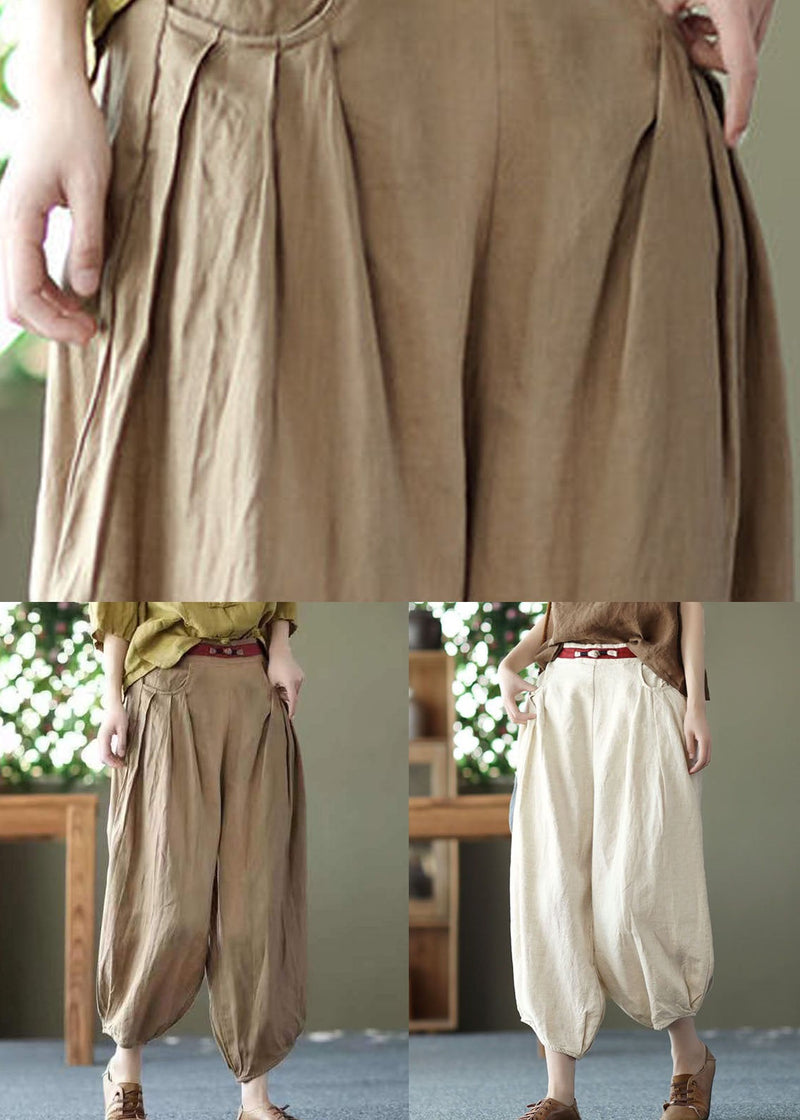 Beige Pockets Wrinkled Patchwork Linen Harem Pants Summer Ly0592