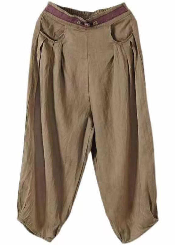 Khaki Pockets Patchwork Linen Crop Pants Elastic Waist Summer Ly0593