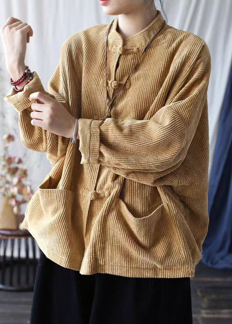 Khaki Pockets Retro Corduroy Coat Oriental Button Spring Tj024
