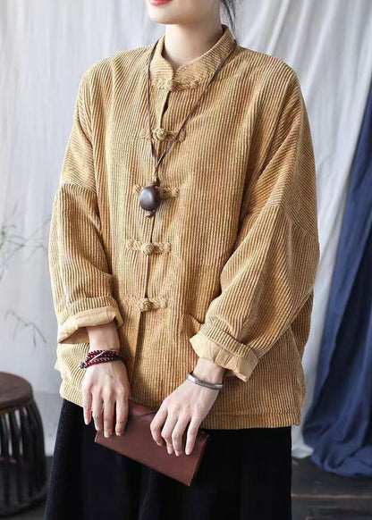 Khaki Pockets Retro Corduroy Coat Oriental Button Spring Tj024
