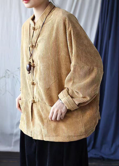 Khaki Pockets Retro Corduroy Coat Oriental Button Spring Tj024