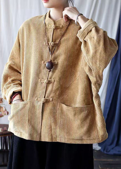 Khaki Pockets Retro Corduroy Coat Oriental Button Spring Tj024