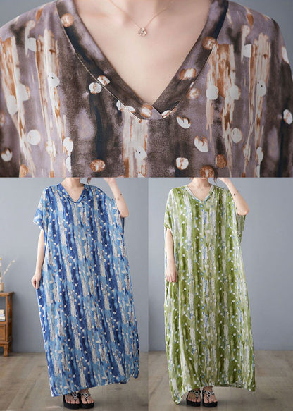 Green V Neck Print Linen Long Dress Summer Ly0915
