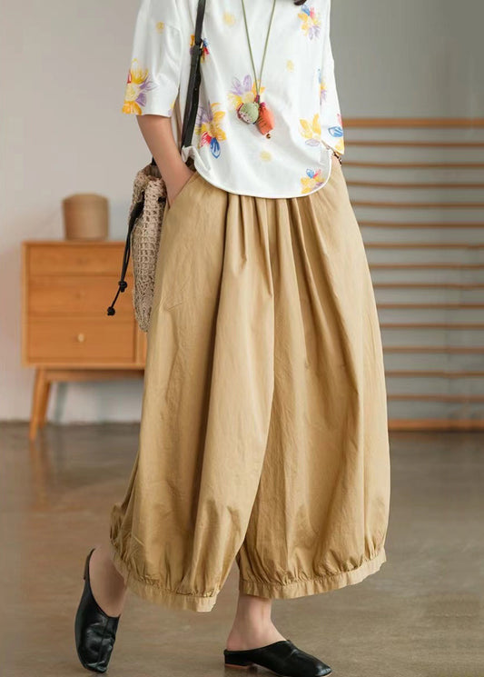 Khaki Pockets Cotton Wide Leg Pants High Waist Summer Vv078