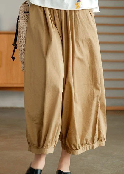 Khaki Pockets Cotton Wide Leg Pants High Waist Summer Vv078