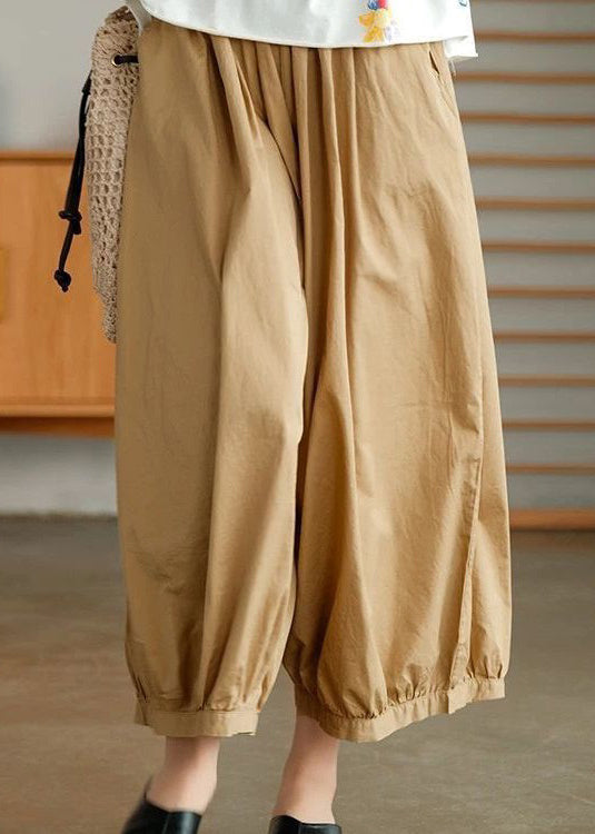 Khaki Pockets Cotton Wide Leg Pants High Waist Summer Vv078