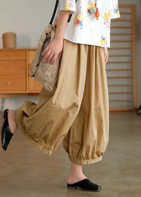 Khaki Pockets Cotton Wide Leg Pants High Waist Summer Vv078