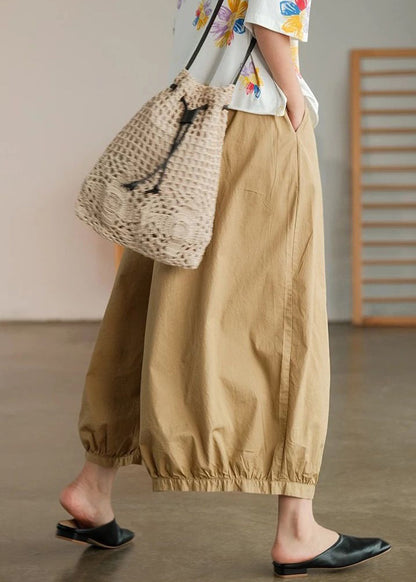 Khaki Pockets Cotton Wide Leg Pants High Waist Summer Vv078