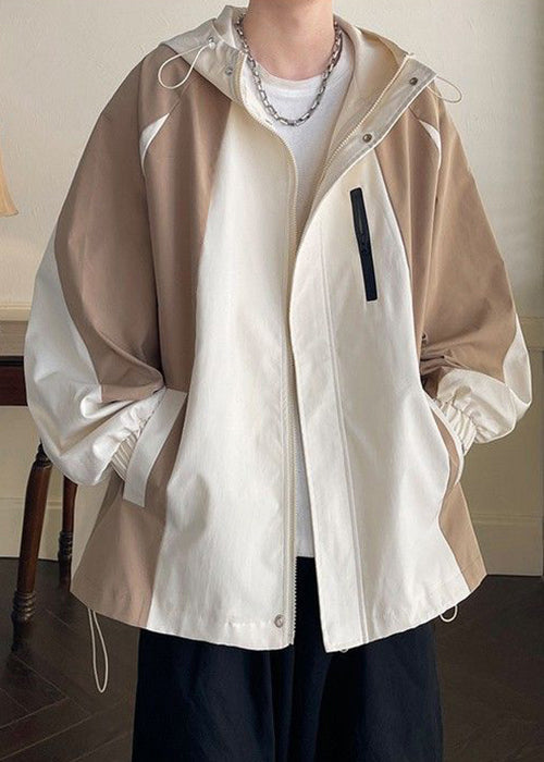 Coat Khaki Patchwork Hooded Spring Pockets Cotton Zippered