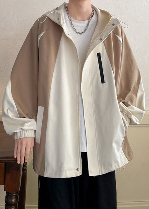 Coat Khaki Patchwork Hooded Spring Pockets Cotton Zippered