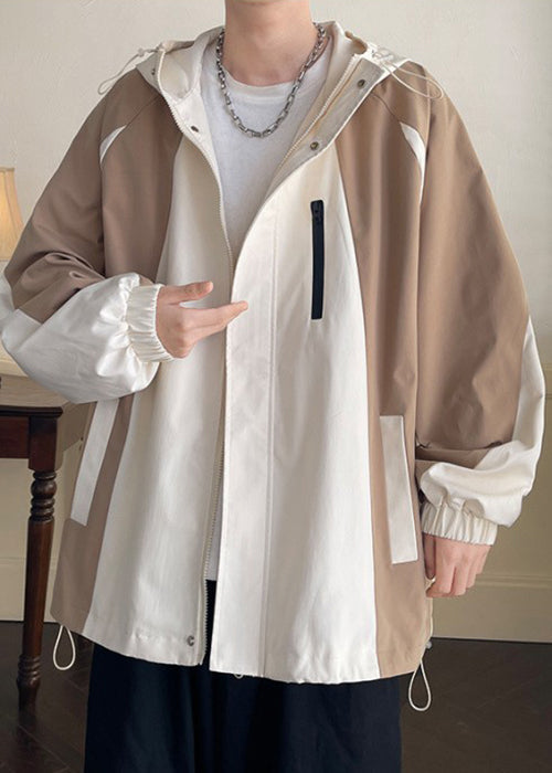 Coat Khaki Patchwork Hooded Spring Pockets Cotton Zippered
