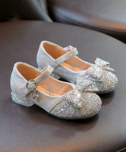 Strap Bow Buckle Faux Silver Kids Leather Zircon Flat Shoes