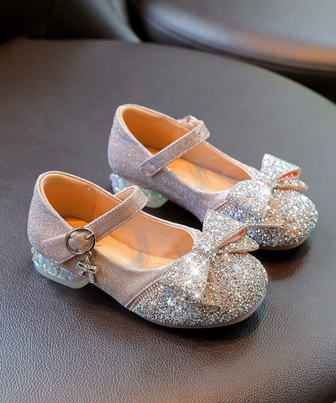 Strap Bow Buckle Faux Silver Kids Leather Zircon Flat Shoes
