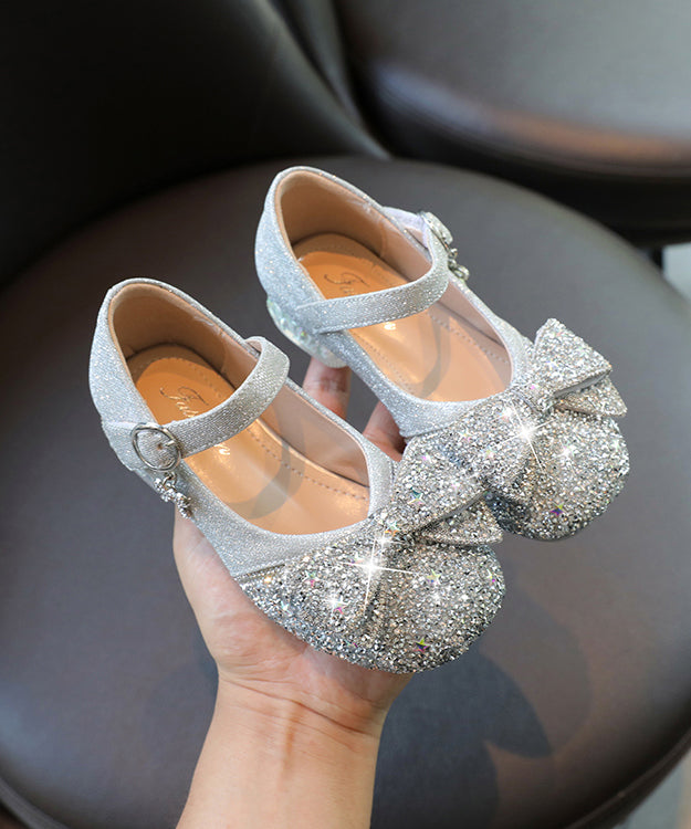 Strap Bow Buckle Faux Silver Kids Leather Zircon Flat Shoes