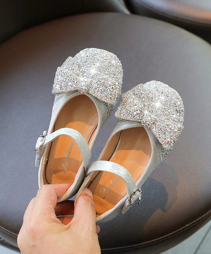 Strap Bow Buckle Faux Silver Kids Leather Zircon Flat Shoes