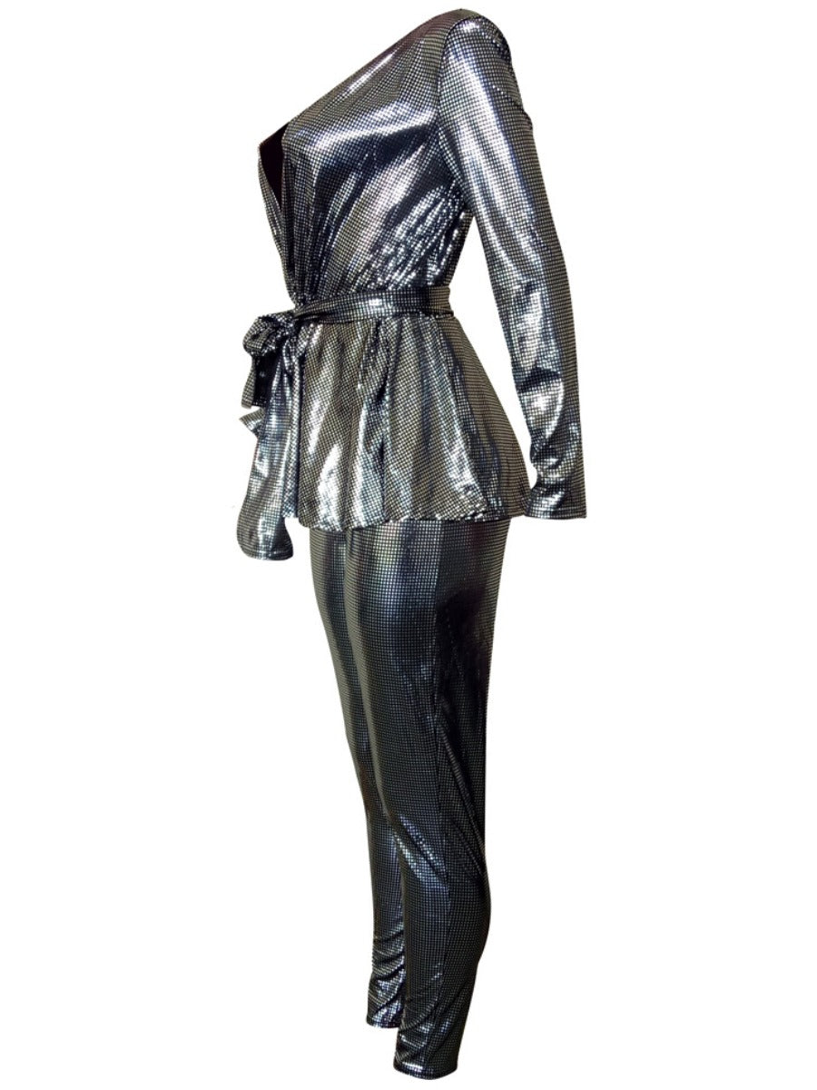 V Neck Bandage Design Rhinestone Decor Pants Set At9029