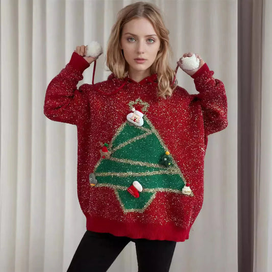 Korean Style Christmas Tree Hooded Loose Ugly Knitwear Sweater