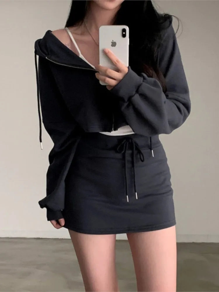 Korean 2 Piece Set Hooded Zip-up Long Sleeve Cropped Coat + Drawstring Mini Skirt Autumn Spring Outfits