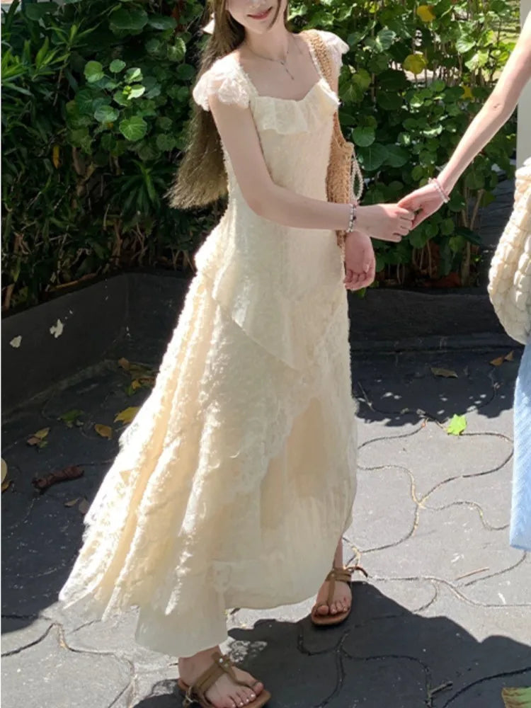 Korean Lace Midi Dress Spring Summer New A-line Ruffles Holiday Beach Dress Y2k Prom Robe Vestidos