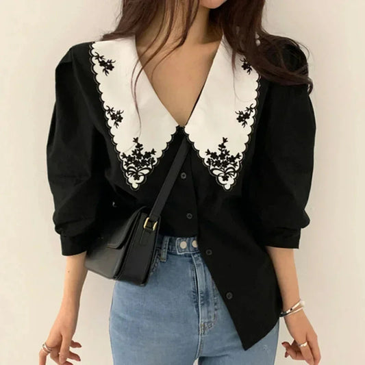 Puff Long Sleeve Embroidery Blouse