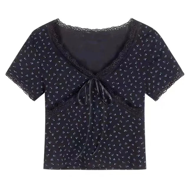 Korean Kawaii Lace Patchwork T-shirt Y2k Aesthetic Top Bow Knot V-neck Short Sleeve Crop Top Elastic Slim