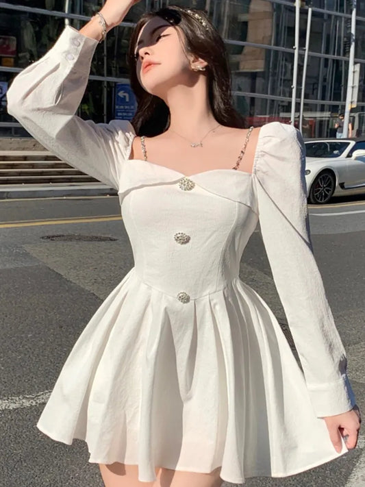 Korean Style Mini Dress Long Sleeve Square Collar Spring High Waist Female Birthday Party Vestidos Mujer