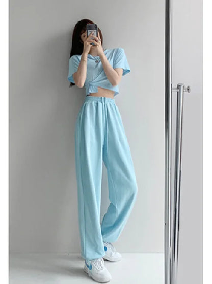 Korean White Blue Pants High Waist Loose Drawstring Harem Pants Comfortable Female Sports Street Pants S-xl