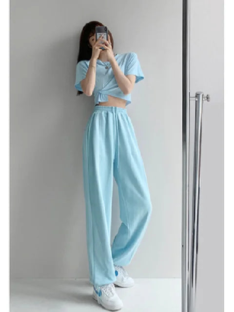 Korean White Blue Pants High Waist Loose Drawstring Harem Pants Comfortable Female Sports Street Pants S-xl