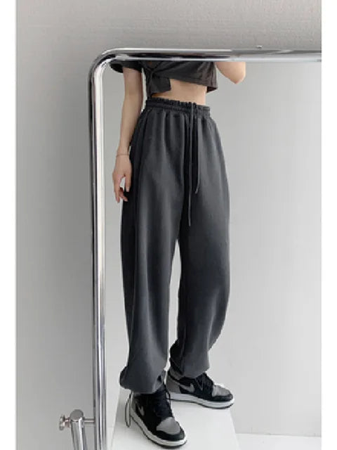Korean White Blue Pants High Waist Loose Drawstring Harem Pants Comfortable Female Sports Street Pants S-xl