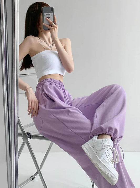 Korean White Blue Pants High Waist Loose Drawstring Harem Pants Comfortable Female Sports Street Pants S-xl